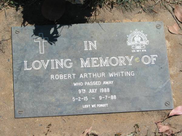 Robert Arthur WHITING,  | 5-2-1915 - 9-7-1988;  | Moore-Linville general cemetery, Esk Shire  | 