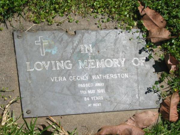 Vera Cecile WATHERSTON,  | died 11 May 1991 aged 84 years;  | Moore-Linville general cemetery, Esk Shire  | 