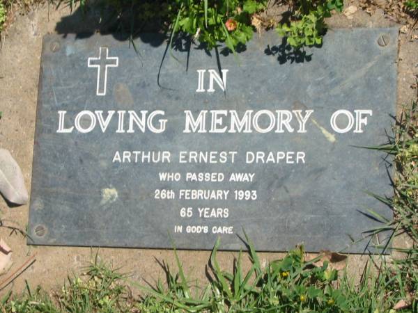 Arthur Ernest DRAPER,  | died 26 Feb 1993 aged 65 years;  | Moore-Linville general cemetery, Esk Shire  | 