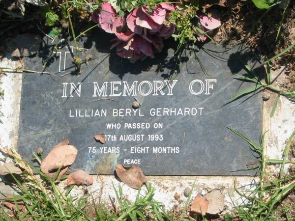 Lillian Beryl GERHARDT,  | died 17 Aug 1993 aged 75 years 8 months;  | Moore-Linville general cemetery, Esk Shire  | 