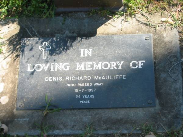 Denis Richard MCAULIFFE,  | died 15-7-1997 aged 24 years;  | Moore-Linville general cemetery, Esk Shire  | 