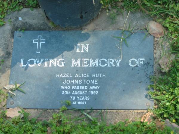 Hazel Alice Ruth JOHNSTONE,  | died 30 Aug 1992 aged 78 years;  | Moore-Linville general cemetery, Esk Shire  | 