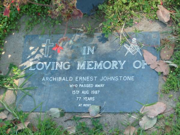 Archibald Ernest JOHNSTONE,  | died 15 Aug 1987 aged 77 years;  | Moore-Linville general cemetery, Esk Shire  | 