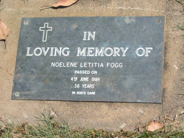 Noelene Letitia FOGG,  | died 4 June 1984 aged 36 years;  | Moore-Linville general cemetery, Esk Shire  | 