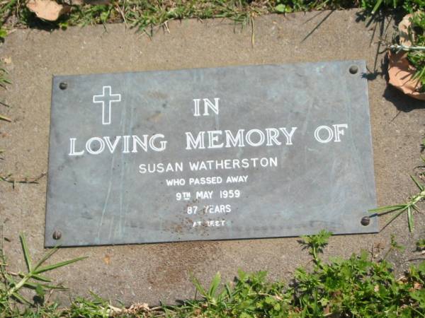 Susan WATHERSTON,  | died 9 May 1959 aged 87 years;  | Moore-Linville general cemetery, Esk Shire  | 