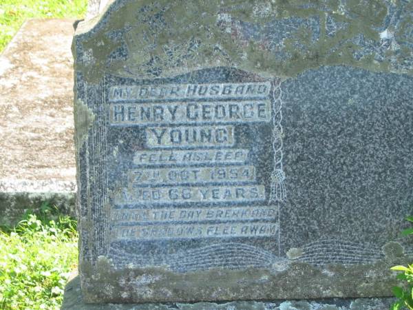 Henry George YOUNG,  | husband,  | died 7 Oct 1954 aged 66 years;  | Moore-Linville general cemetery, Esk Shire  | 