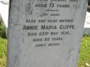
Harry CLIFFE,
husband father,
died 30 Aug 1926 aged 73 years;
Annie Maria CLIFFE,
mother,
died 22 May 1934 aged 82 years;
Moore-Linville general cemetery, Esk Shire
