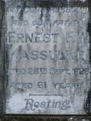 
Ernest F.W. KASSULKE,
husband father,
died 28 Sept 1928 aged 61 years;
Alvena Bertha KASSULKE,
mother,
died 11 Dec 1954 aged 86 years;
Moore-Linville general cemetery, Esk Shire
