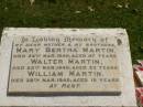 
Mary Bertha MARTIN,
mother,
died 24 Mar 1940 aged 47 years;
Walter MARTIN,
brother,
died 25 Mar 1940 aged 23 years;
William MARTIN,
brother,
died 28 Mar 1940 aged 19 years;
Moore-Linville general cemetery, Esk Shire
