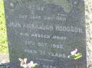 
John Kirkhaugh HODGSON,
brother,
died 20 Oct 1950 aged 71 years;
Moore-Linville general cemetery, Esk Shire
