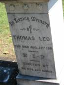 
Thomas LEO,
died 21 Aug 1911,
erected by wife & family;
Annie LEO,
aged 61 years;
Moore-Linville general cemetery, Esk Shire
