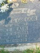 
BROWN;
Colin Arthur Gregor,
7-1-1904 - 14-1-1967,
Clarice Heath,
7-10-1911 - 11-2-1998
John,
infant son,
died 24-11-1939;
Moore-Linville general cemetery, Esk Shire

