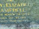 
parents;
William James CAMPBELL,
died 29 Aug 1960 aged 70 years;
Emily Elizabeth CAMPBELL,
died 26 March 1974 aged 82 years;
Moore-Linville general cemetery, Esk Shire
