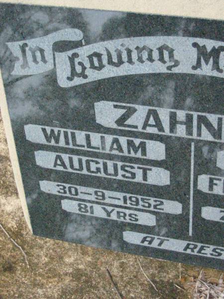 William August ZAHNOW,  | died 30-9-1952 aged 81 years;  | Annie Fredericka ZAHNOW,  | died 7-5-1978 aged 86 years;  | Mt Mort Cemetery, Ipswich  |   | 