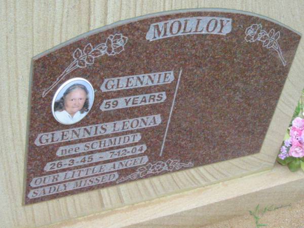 Glennis Leona (Glennie) MOLLOY (nee SCHMIDT),  | 26-3-45 - 7-12-04;  | Mt Mort Cemetery, Ipswich  | 