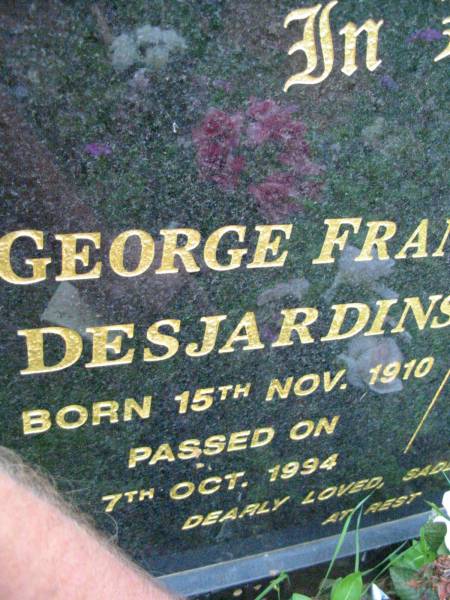 George Frank DESJARDINS,  | born 15 Nov 1910 died 7 Oct 1994;  | Thelma DESJARDINS,  | born 5 June 1922 died 27 Oct 2003;  | Mt Mort Cemetery, Ipswich  | 