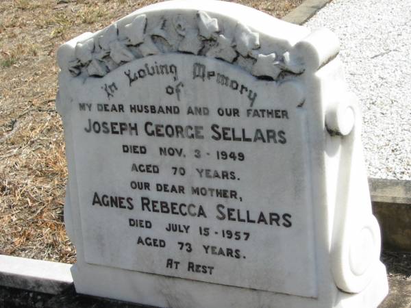 Joseph George Sellars  | 3 Nov 1949  | aged 70 yrs  |   | Agnes Rebecca Sellars  | 15 Jul 1957  | aged 73 yrs  |   | Mt Walker Historic/Public Cemetery, Boonah Shire, Queensland  |   | 