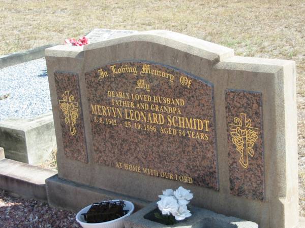 Mervyn Leonard SCHMIDT  | 3-8-1942 to 25-10-1996  | aged 54 yrs  |   | Mt Walker Historic/Public Cemetery, Boonah Shire, Queensland  |   | 