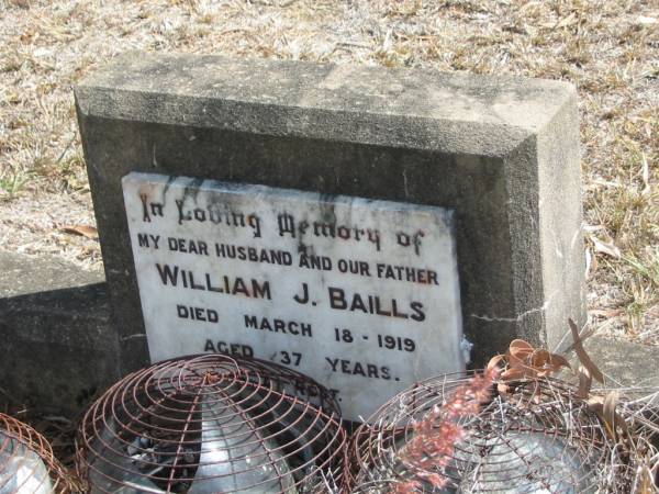 William J BAILLS  | 18 Mar 1919  | aged 37  |   | Mt Walker Historic/Public Cemetery, Boonah Shire, Queensland  |   | 