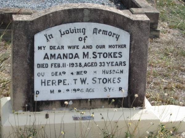 Amanda M STOKES  | 11 Feb 1938 aged 33 yrs  |   | husband  | Herbert W STOKES  | 29 Mar 1986 aged 85 years  |   | Mt Walker Historic/Public Cemetery, Boonah Shire, Queensland  |   | 