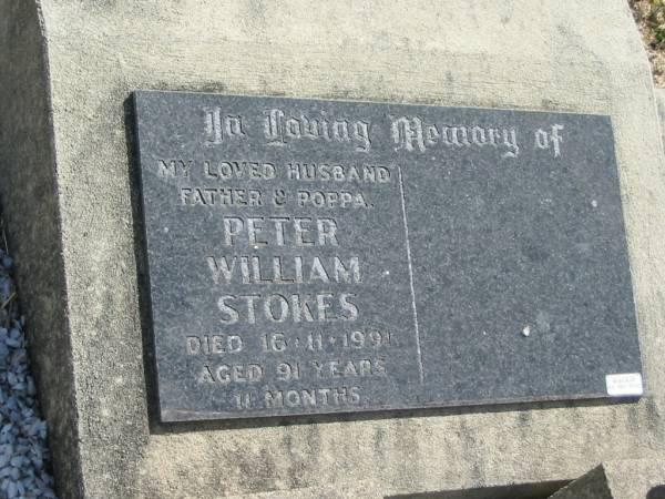 Peter William STOKES  | 16-11-1991  | aged 91 yrs 11 months  |   | Mt Walker Historic/Public Cemetery, Boonah Shire, Queensland  |   | 
