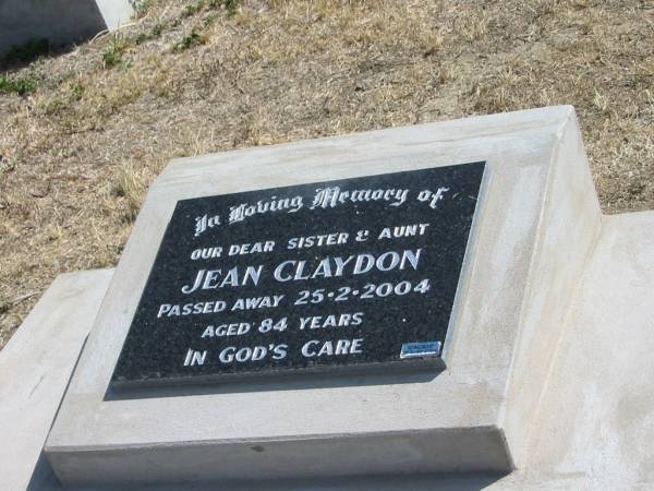 Jean CLAYDON  | 25-2-2004  | aged 84 yrs  |   | Mt Walker Historic/Public Cemetery, Boonah Shire, Queensland  |   | 