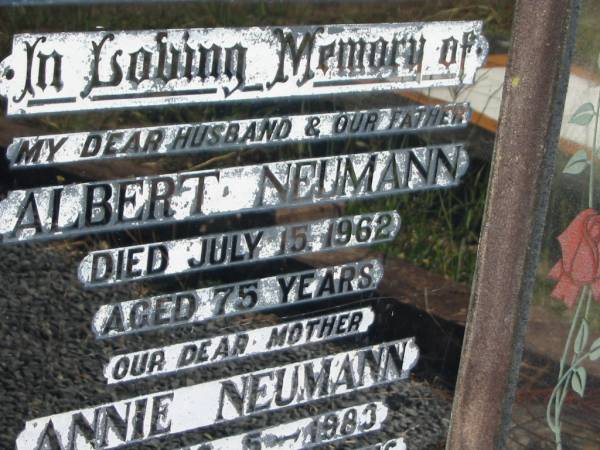 Albert NEUMANN  | 15 Jul 1962  | aged 75 yrs  |   | Annie NEUMANN  | 5 Aug 1983  | aged 99 yrs 9 months  |   | Mt Walker Historic/Public Cemetery, Boonah Shire, Queensland  |   | 