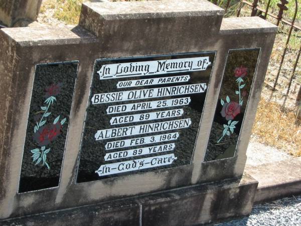 Bessie Olive HINRICHSEN  | 25 Apr 1963  | 89 yrs  |   | Albert HINRICHSEN  | 3 Feb 1964  | 89 yrs  |   | Mt Walker Historic/Public Cemetery, Boonah Shire, Queensland  |   | 