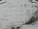 Friedrich STERN b: 29 Oct 1835, d: 16 Jul 1886 Mt Cotton / Gramzow / Cornubia / Carbrook Lutheran Cemetery, Logan City  