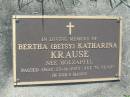 Bertha (Betsy) Katharina KRAUSE (nee HOLZAPFEL) 23 Nov 1973, aged 76 Mt Cotton / Gramzow / Cornubia / Carbrook Lutheran Cemetery, Logan City  