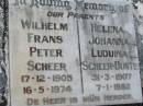 
Wilhelm Frans Peter SCHEER
b: 17 Dec 1905, d: 16 May 1974
Helena Johanna Luduina SCHEER-BUNTE
b: 31 Mar 1907, d: 7 Jan 1982
Mt Cotton  Gramzow  Cornubia  Carbrook Lutheran Cemetery, Logan City

