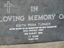 
Edith Rosa TURNER
10 Aug 1990, aged 77
Mt Cotton  Gramzow  Cornubia  Carbrook Lutheran Cemetery, Logan City


