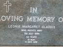 Leonie Margaret GLADDIS 11 Jul 1994, aged 52 Mt Cotton / Gramzow / Cornubia / Carbrook Lutheran Cemetery, Logan City  