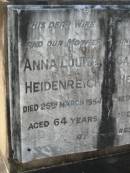 Anna Louise HEIDENREICH 25 Mar 1954, aged 64 Carl August HEIDENREICH 16 May 1942, aged 58 Mt Cotton / Gramzow / Cornubia / Carbrook Lutheran Cemetery, Logan City  