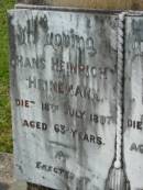 Hans Heinrich HEINEMANN 18 Jul 1897, aged 63 (wife) Catherine 3 Jul 1908, aged 82 Mt Cotton / Gramzow / Cornubia / Carbrook Lutheran Cemetery, Logan City  