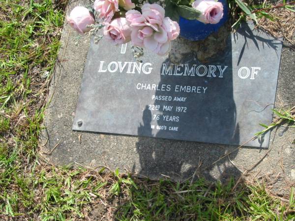 Charles EMBREY  | 22 May 1972, aged 76  | Mt Cotton / Gramzow / Cornubia / Carbrook Lutheran Cemetery, Logan City  |   | 