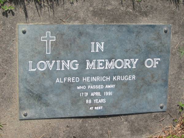 Alfred Heinrich KRUGER  | 17 Apr 1991, aged 88  | Mt Cotton / Gramzow / Cornubia / Carbrook Lutheran Cemetery, Logan City  |   | 