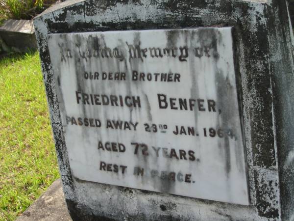 Friedrich BENFER  | 23 Jan 1964, aged 72  | Mt Cotton / Gramzow / Cornubia / Carbrook Lutheran Cemetery, Logan City  |   | 