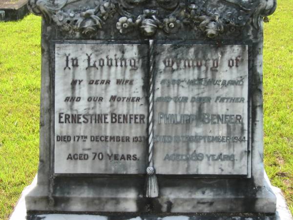 Ernestine BENFER  | 17 Dec 1933, aged 70  | Philipp BENFER  | 13 Sep 1944, aged 89  | Mt Cotton / Gramzow / Cornubia / Carbrook Lutheran Cemetery, Logan City  |   | 