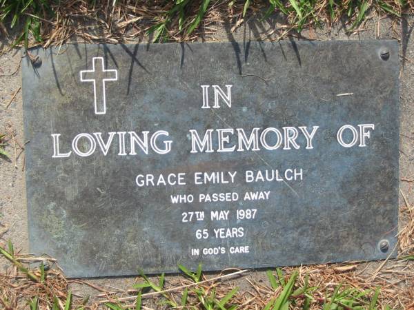 Grace Emily BAULCH  | 27 May 1987, aged 65  | Mt Cotton / Gramzow / Cornubia / Carbrook Lutheran Cemetery, Logan City  |   | 