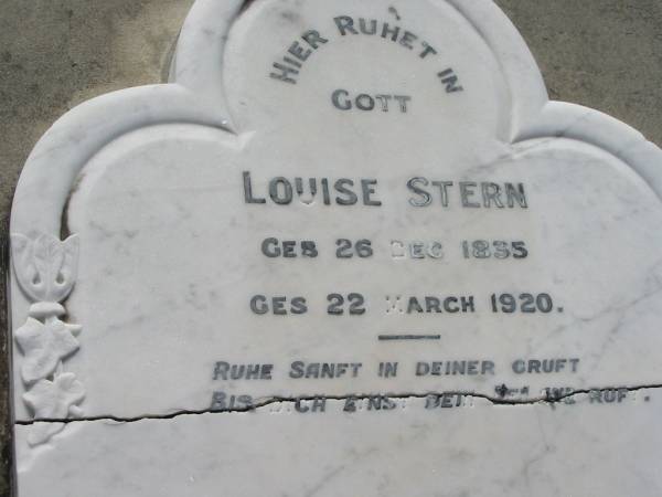 Louise STERN  | b: 26 Dec 1835, d: 22 Mar 1920  | Mt Cotton / Gramzow / Cornubia / Carbrook Lutheran Cemetery, Logan City  |   | 