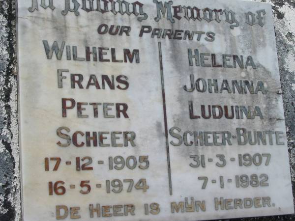 Wilhelm Frans Peter SCHEER  | b: 17 Dec 1905, d: 16 May 1974  | Helena Johanna Luduina SCHEER-BUNTE  | b: 31 Mar 1907, d: 7 Jan 1982  | Mt Cotton / Gramzow / Cornubia / Carbrook Lutheran Cemetery, Logan City  |   | 