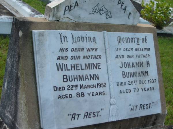 Wilhelmine BUHMANN  | 22 Mar 1952, aged 88  | Johann H BUHMANN  | 20 Dec 1937, aged 70  | Mt Cotton / Gramzow / Cornubia / Carbrook Lutheran Cemetery, Logan City  |   | 