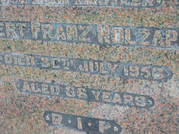 Robert Franz Holzapfel  | 30 Jul 1956, aged 66  | Mt Cotton / Gramzow / Cornubia / Carbrook Lutheran Cemetery, Logan City  |   | 