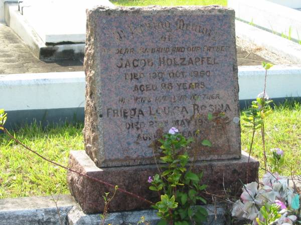 Jacob HOLZAPFEL  | 13 Oct 1950, aged 68  | (wife and our mother)  | Frieda Louisa Rosina (HOLZAPFEL)  | 27 May 1981, aged 91  | Mt Cotton / Gramzow / Cornubia / Carbrook Lutheran Cemetery, Logan City  |   | 