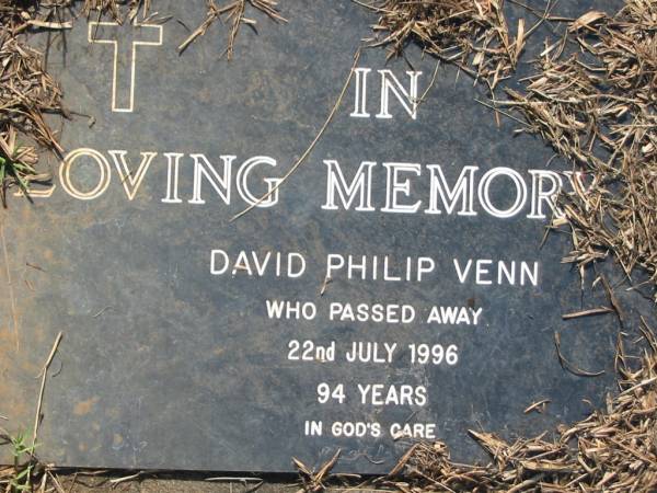 David Philip VENN  | 22 Jul 1996, aged 94  | Mt Cotton / Gramzow / Cornubia / Carbrook Lutheran Cemetery, Logan City  |   | 