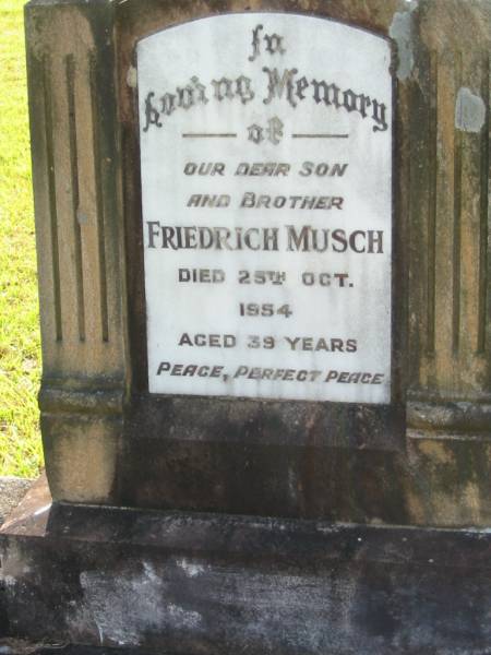 Friedrich MUSCH  | 25 Oct 1954, aged 39  |   | Fred  |   | Mt Cotton / Gramzow / Cornubia / Carbrook Lutheran Cemetery, Logan City  |   | 