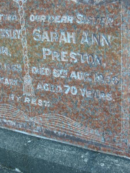 Benjamin Rawnsley PRESTON  | d: 2 Nov 1965, aged 70  | Sarah Ann PRESTON  | d: 8 Aug 1958, aged 70  | Mt Cotton / Gramzow / Cornubia / Carbrook Lutheran Cemetery, Logan City  |   | 