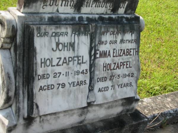 John HOLZAPFEL  | 27 Nov 1943, aged 79  | Emma Elizabeth HOLZAPFEL  | 27 Mar 1942, aged 71  | Mt Cotton / Gramzow / Cornubia / Carbrook Lutheran Cemetery, Logan City  |   | 