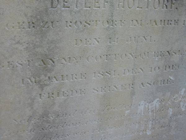 Detlef HOLTORF  | b: Rostorf 14 Jun 1846  | d: Mt Cotton 10 Dec 1881  | Mt Cotton / Gramzow / Cornubia / Carbrook Lutheran Cemetery, Logan City  |   | 